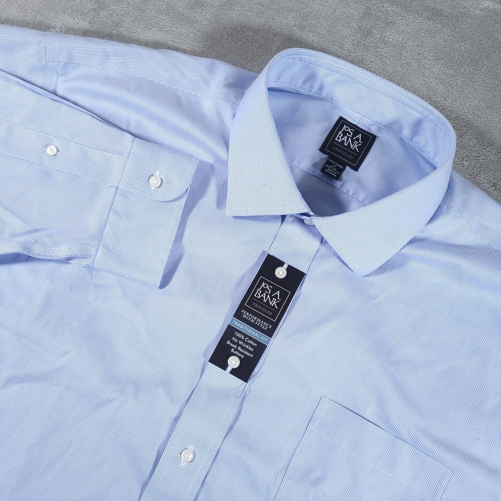 Jos A Bank Shirt Mens 19 35 Blue Traveler Traditional Fit Striped Button Up NEW